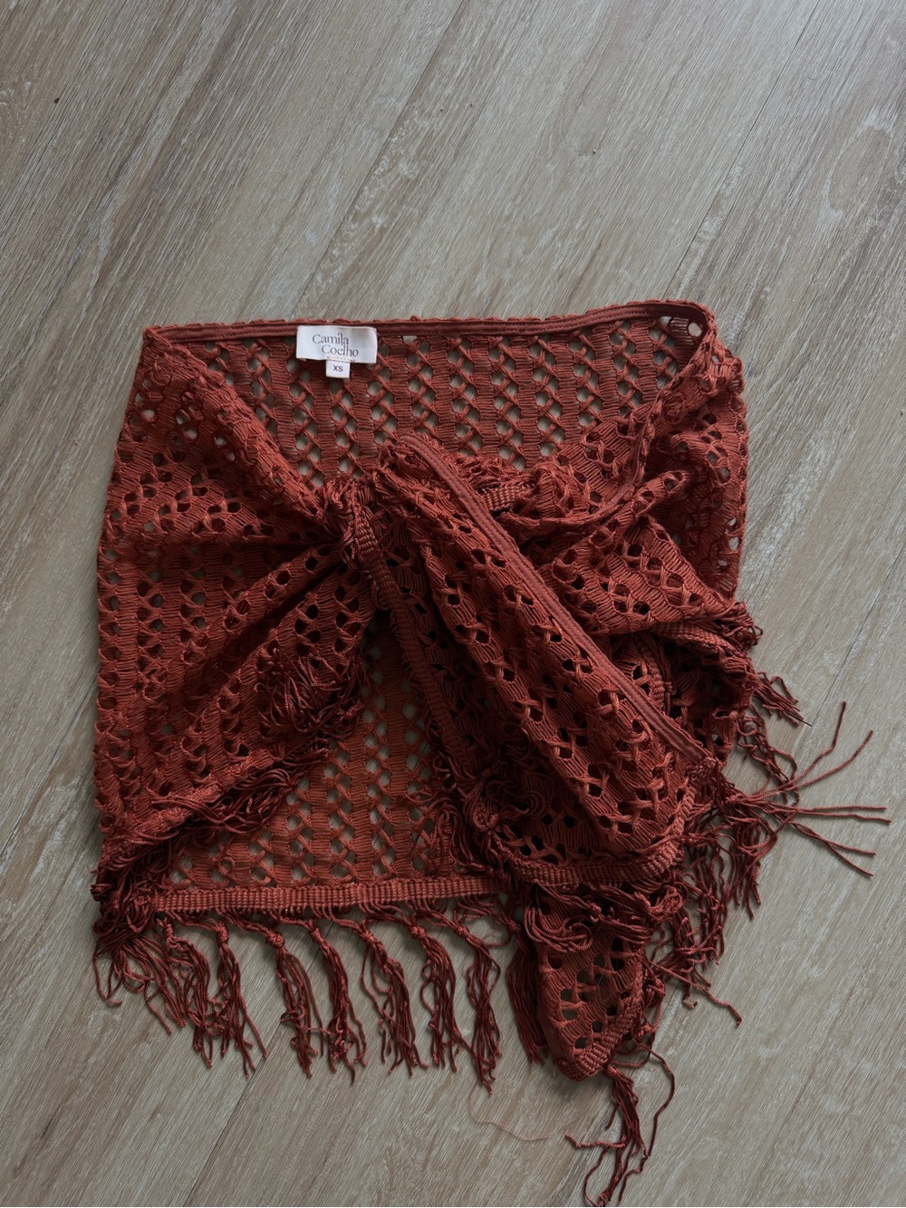 Camila Coelho Burnt Orange Crochet Swim Sarong with Fringe